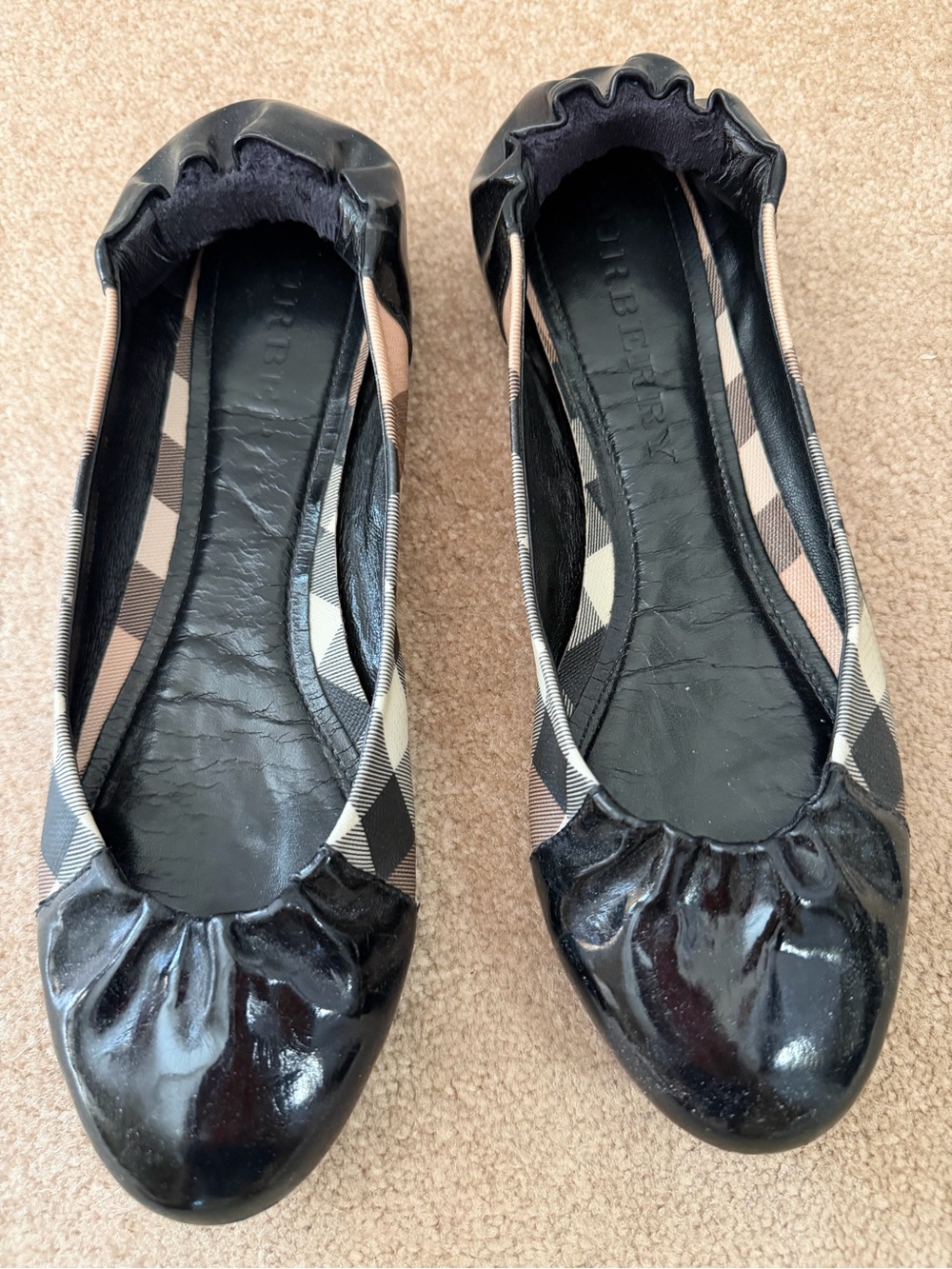 Burberry Black Patent Toe Check Ballet Flats